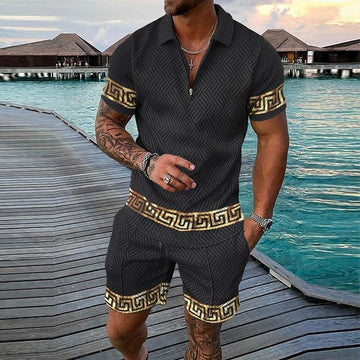 Men’s Two-Piece Set - Short Sleeve Half-Zip Shirt & Shorts - Greek Key Trim - Casual Wear