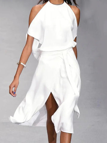 Women's Midi Dress - Off-Shoulder - Wrap Style with Front Slit - Elegant Flowing Fit