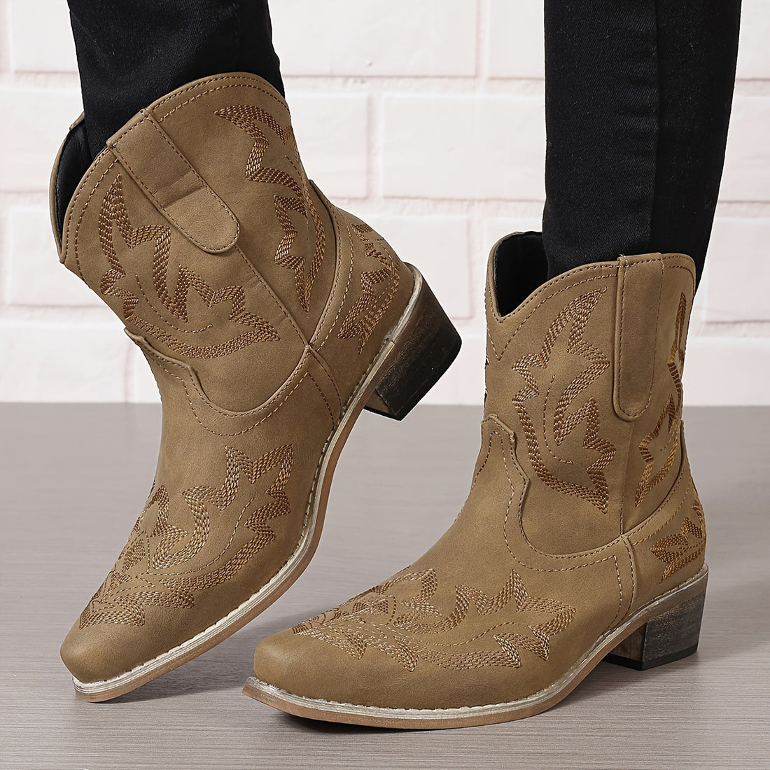 Women's Western Boots - Embroidered Leather - Pointed Toe - Mid-Calf - Block Heel