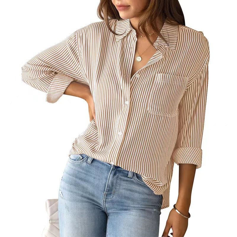 Button down collared stripe shirt for women
