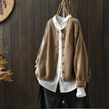 Women's button-down long sleeve cardigan in khaki; a cozy and stylish layering piece for fall and winter.