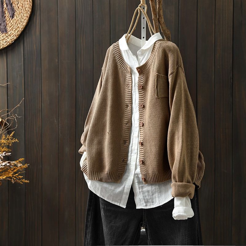 Women's button-down long sleeve cardigan in khaki; a cozy and stylish layering piece for fall and winter.