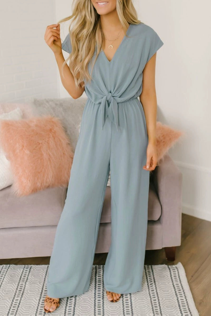 Women's Jumpsuit - V-Neck - Cap Sleeve - Tie Waist - Wide Leg - Elegant & Versatile