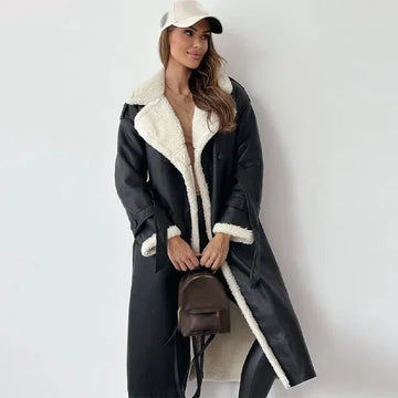 Women’s Shearling Leather Coat – Long Length – Relaxed Fit – Double Breasted Belted