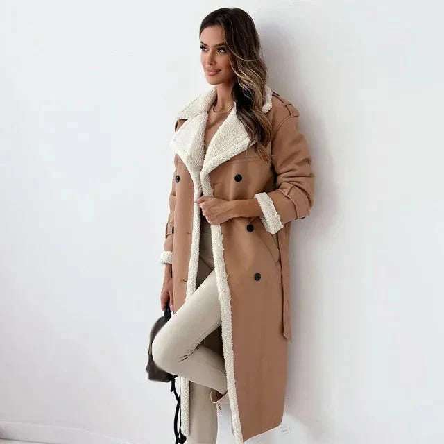 Women’s Shearling Leather Coat – Long Length – Relaxed Fit – Double Breasted Belted