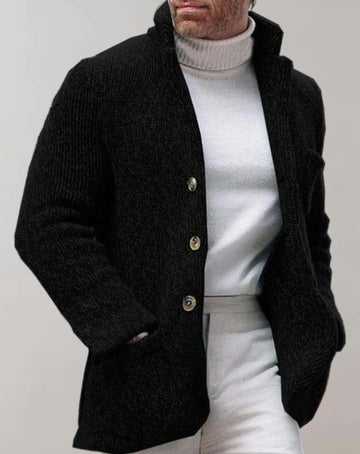 Men’s Cardigan – Relaxed Fit – Chunky Knit – Standing Collar – Button Front – Patch Pockets