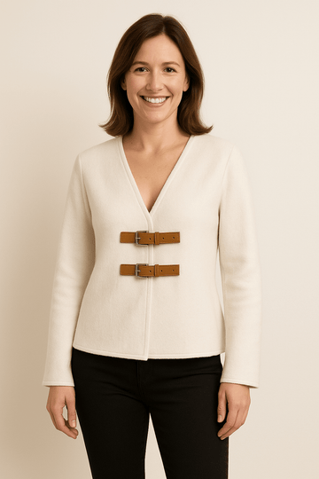 Women’s Blazer Jacket – Tailored Fit – Wool Texture – V-Neck – Buckle Closure