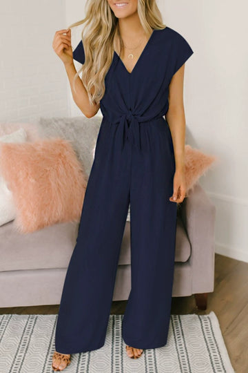Women's Jumpsuit - V-Neck - Cap Sleeve - Tie Waist - Wide Leg - Elegant & Versatile