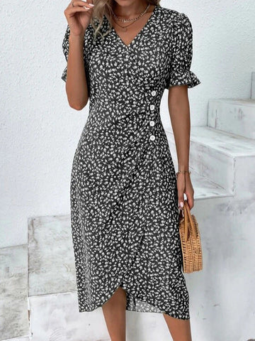 Women’s Midi Wrap Dress – V-Neck – Short Ruffle Sleeves – Floral Print – Breathable Blend