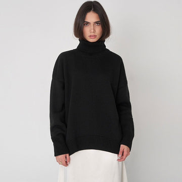 Women’s Oversized Sweater – Rib Knit Wool Blend – Turtleneck – Dropped Shoulders
