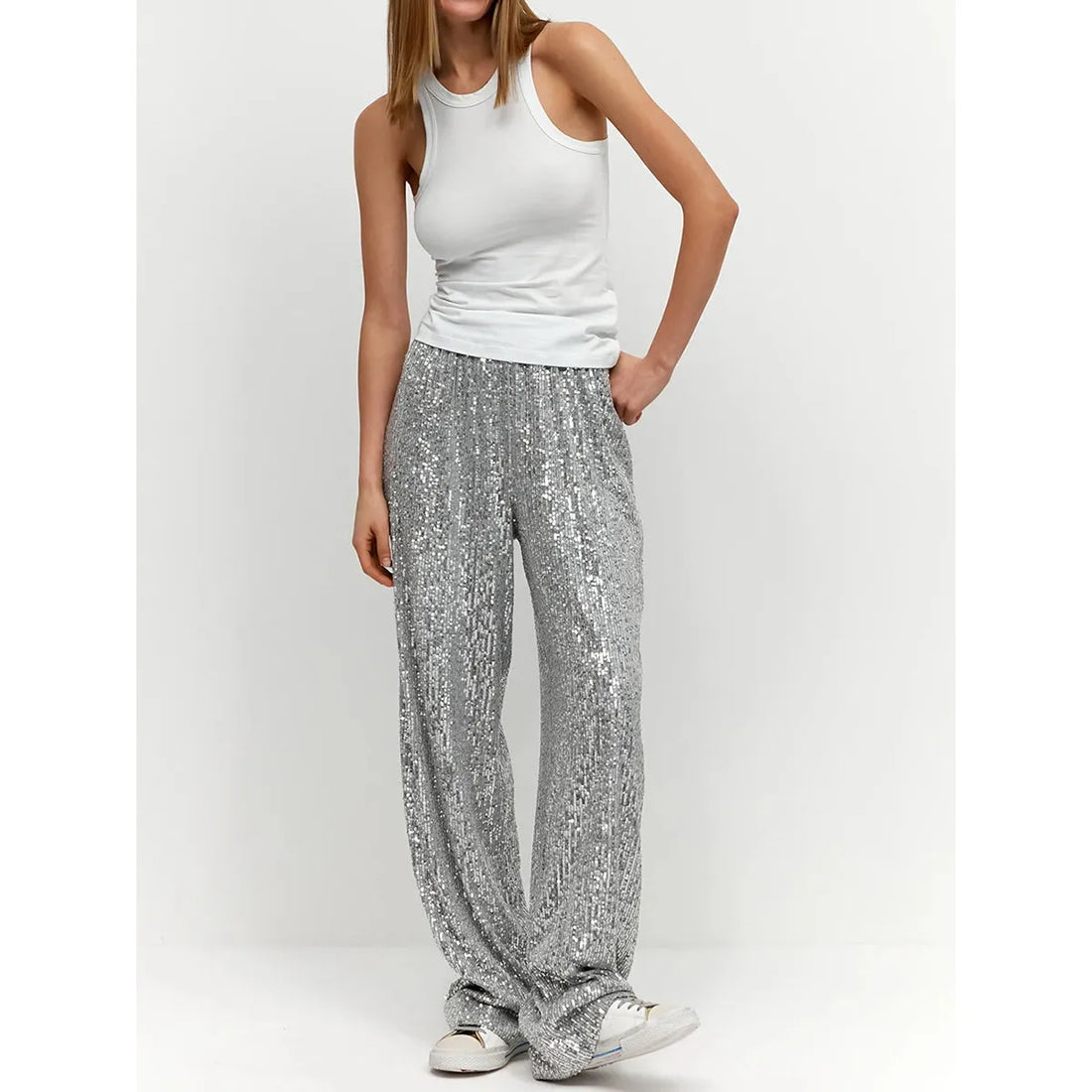 Women's Sequin Party Pants – Metallic Silver, Silky Finish