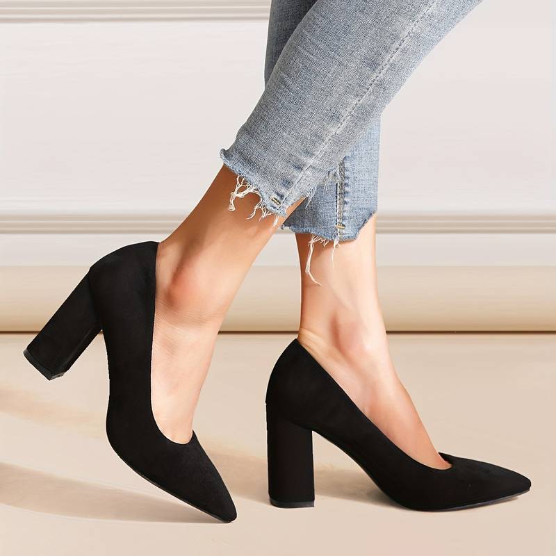 Women’s Block Heel Pumps – Pointed Toe – Suede Finish – Supportive Elegant Fit
