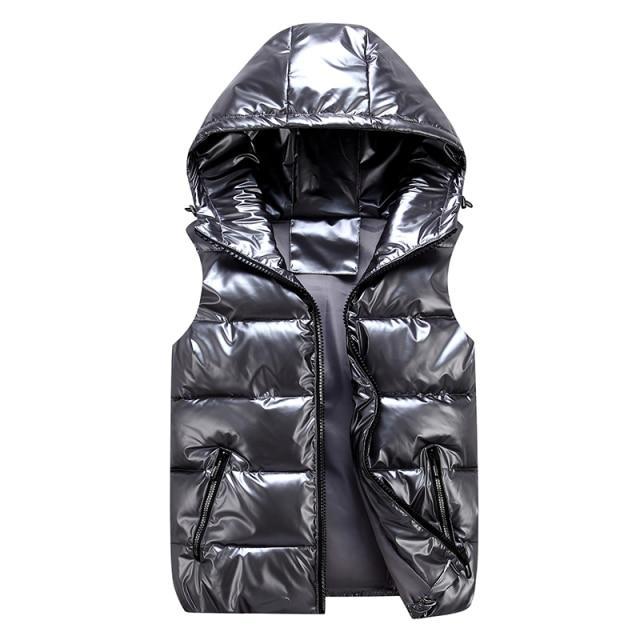 Men’s Puffer Vest – Relaxed Fit – Quilted Hood – Wind-Resistant Glossy Finish