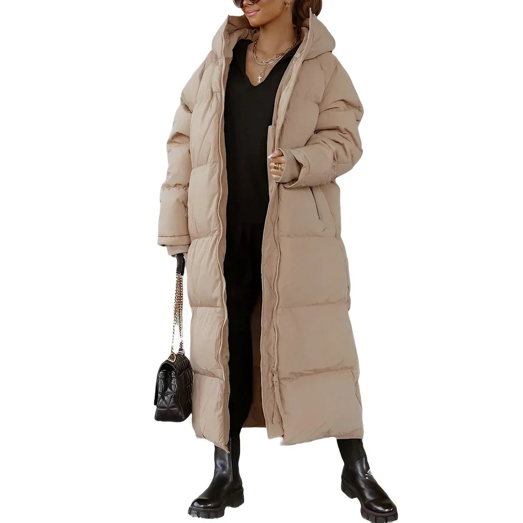 Women’s Long Coat – Quilted Padded – Oversized Fit – Hooded Full-Length Outerwear