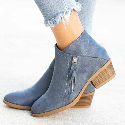 Women’s Ankle Boots – Suede-Like Finish – Side Zip – Block Heel – Structured Fit
