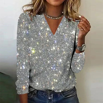 Women’s Blouse – Sparkling V-Neck – Long Sleeve – Relaxed Fit – Glitter Texture