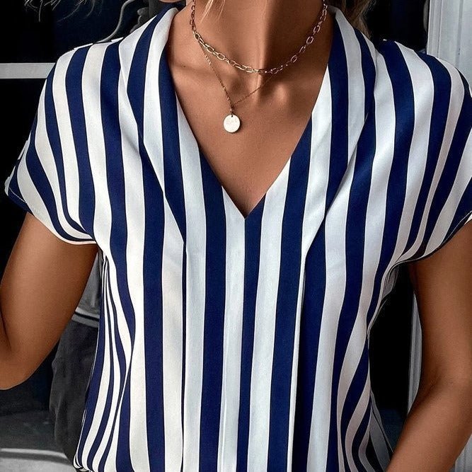 Women’s Blouse – Relaxed Fit – V-Neck – Short Sleeve – Striped Pullover Design