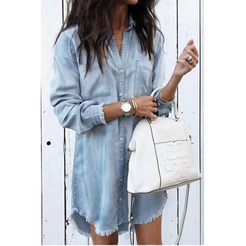Women's Denim Shirt Dress - Button Down - Relaxed Fit - Long Sleeve - Raw Hem