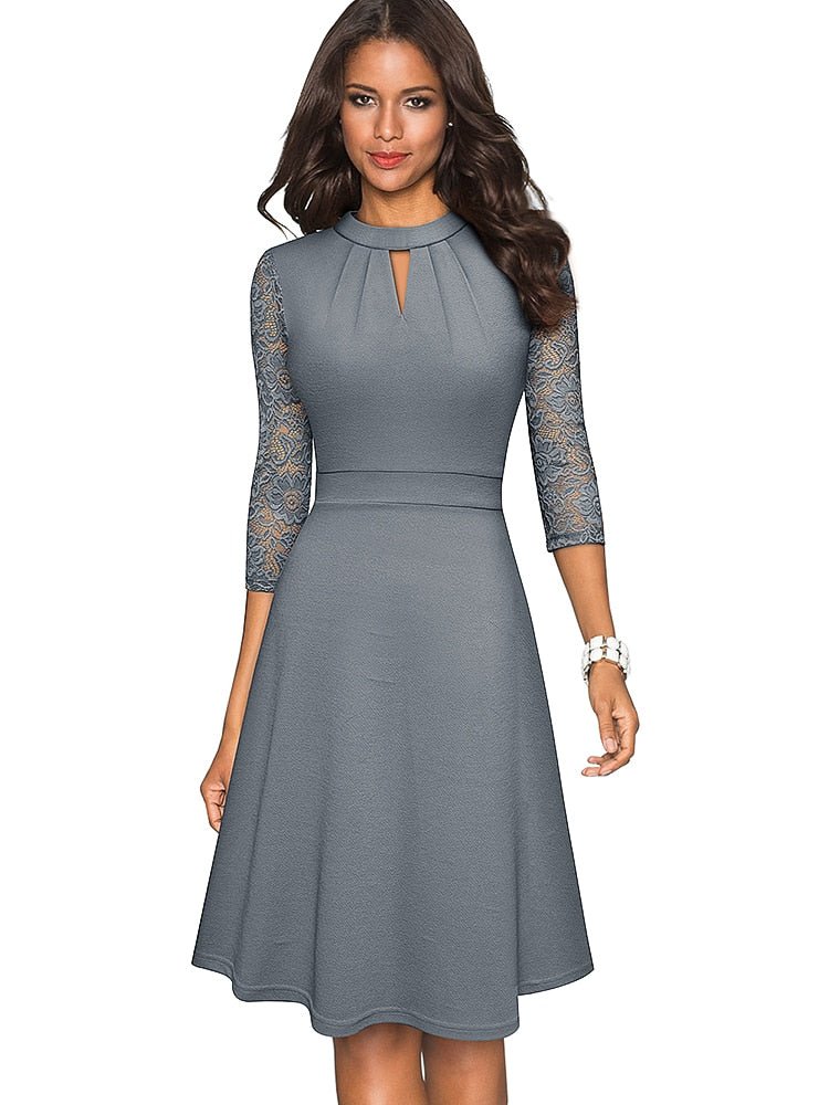 Women's A-Line Dress - Keyhole Neckline - Lace Three-Quarter Sleeves - Elegant Fit