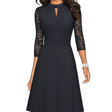 Women's A-Line Dress - Keyhole Neckline - Lace Three-Quarter Sleeves - Elegant Fit