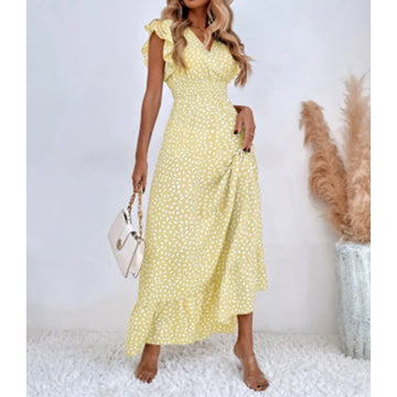 Elegant Women's Maxi Dress - Ruffled Sleeves - V-Neck - Summer Chic