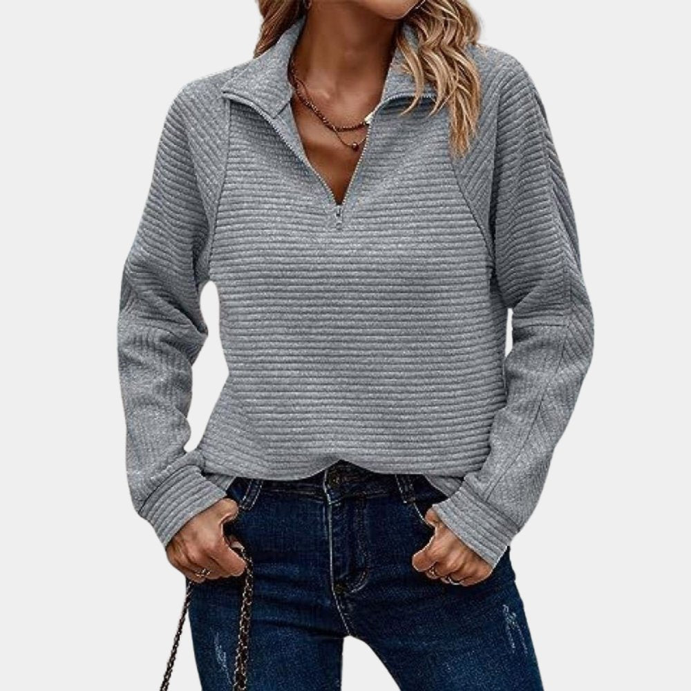 Women's Zip-Up Sweatshirt - Ribbed Knit - Soft Fabric - Casual Lightweight Layer