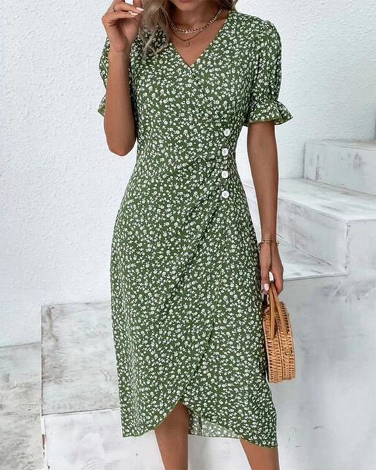 Women's Midi Dress - V-Neck Wrap Style - Short Sleeve Ruffle Detail - Flowing Elegant Fit