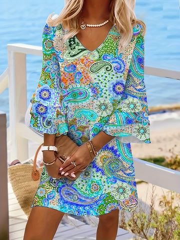 Women's Bohemian Dress - V-Neck - Bell Sleeve - Flowy Lightweight Paisley Print
