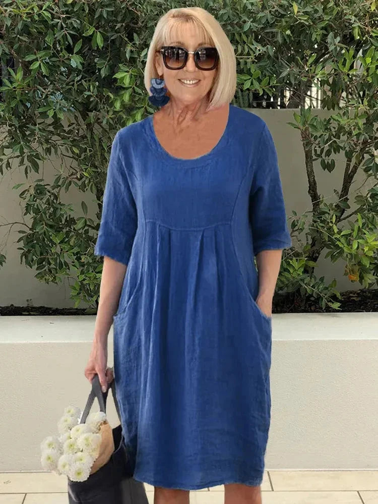 Women’s Midi Dress – Relaxed Fit – Scoop Neck – Elbow Sleeve – Natural Fibers – Pockets