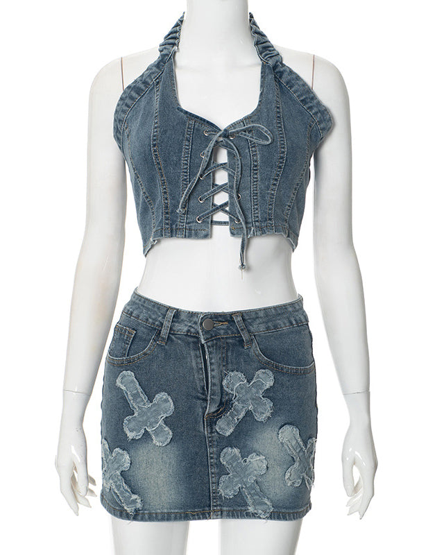 Halterneck top & denim skirt for women