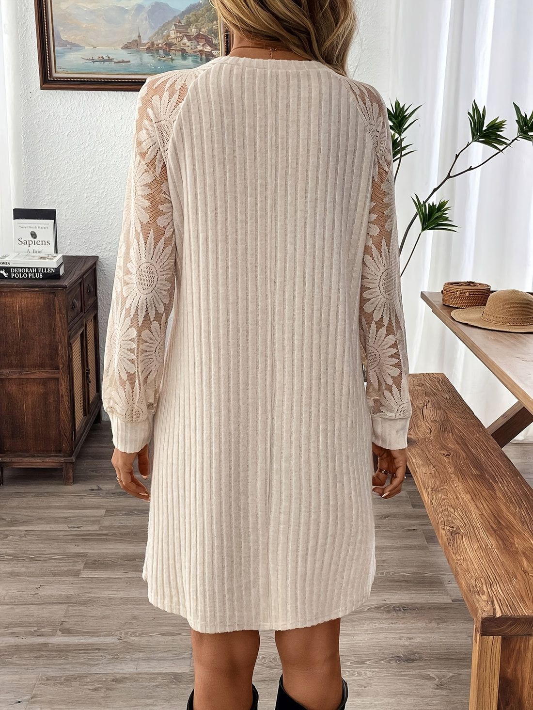 Long sleeve lace crew neck mini dress for women