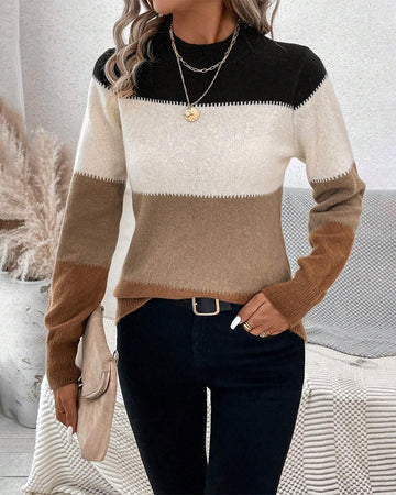 Women’s Pullover Sweater – Wool Blend – Regular Fit – Crew Neck – Long Sleeve – Colour Block