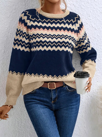 Women’s Sweater – Relaxed Fit – Knitted Zigzag Pattern – Soft Breathable Casual Wear
