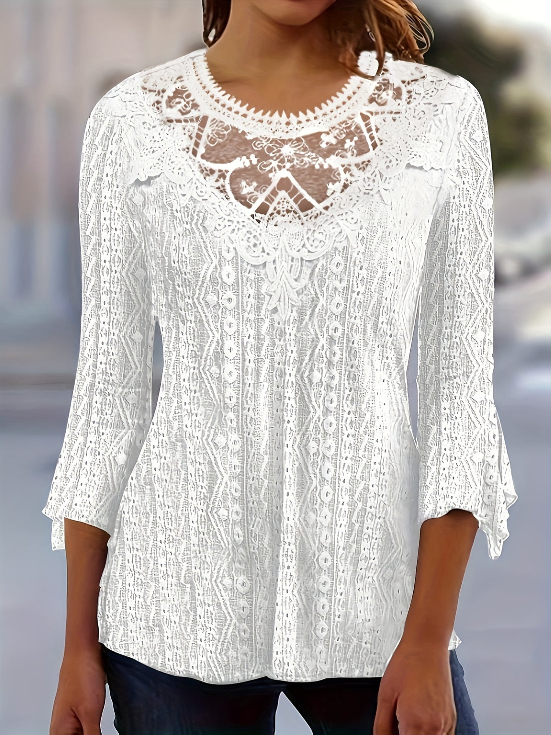 Lace trim 3/4 sleeve blouse for women