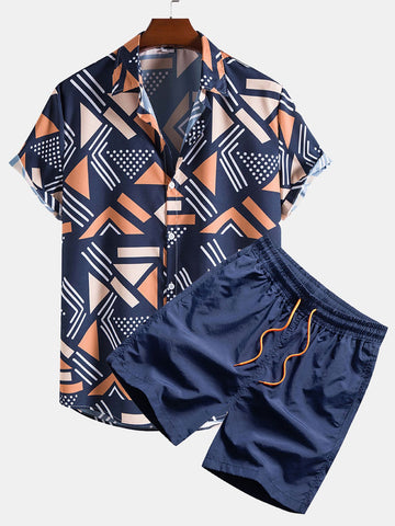 Geometric print shirt & swim shorts set for men