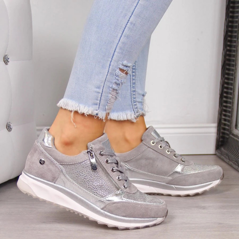 Women's Casual Sneakers - Suede & Mesh - Chunky Sole - Lace-Up & Side Zip