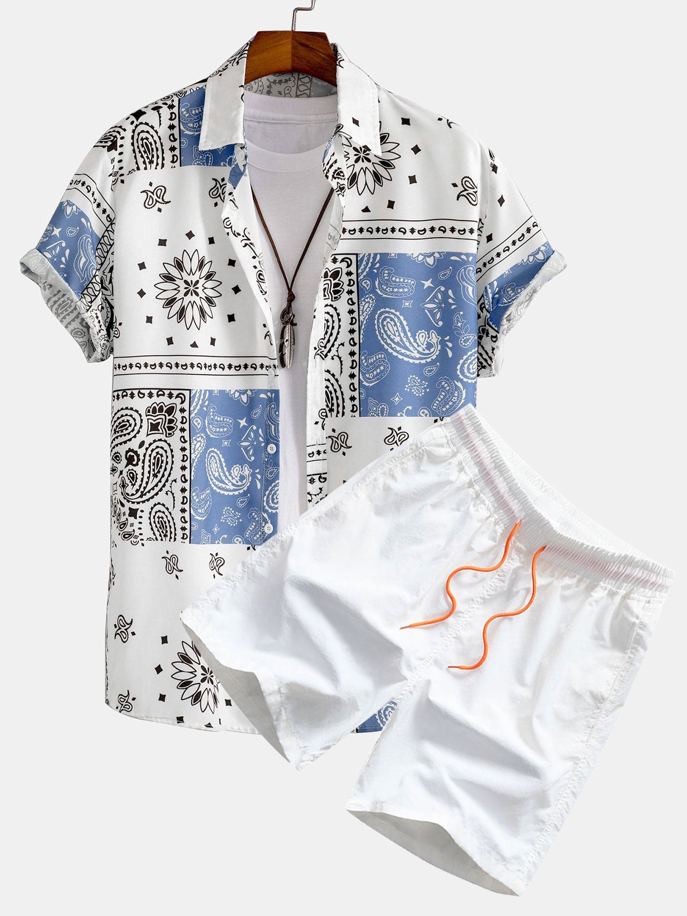 Paisley button-up shirt and shorts set for men