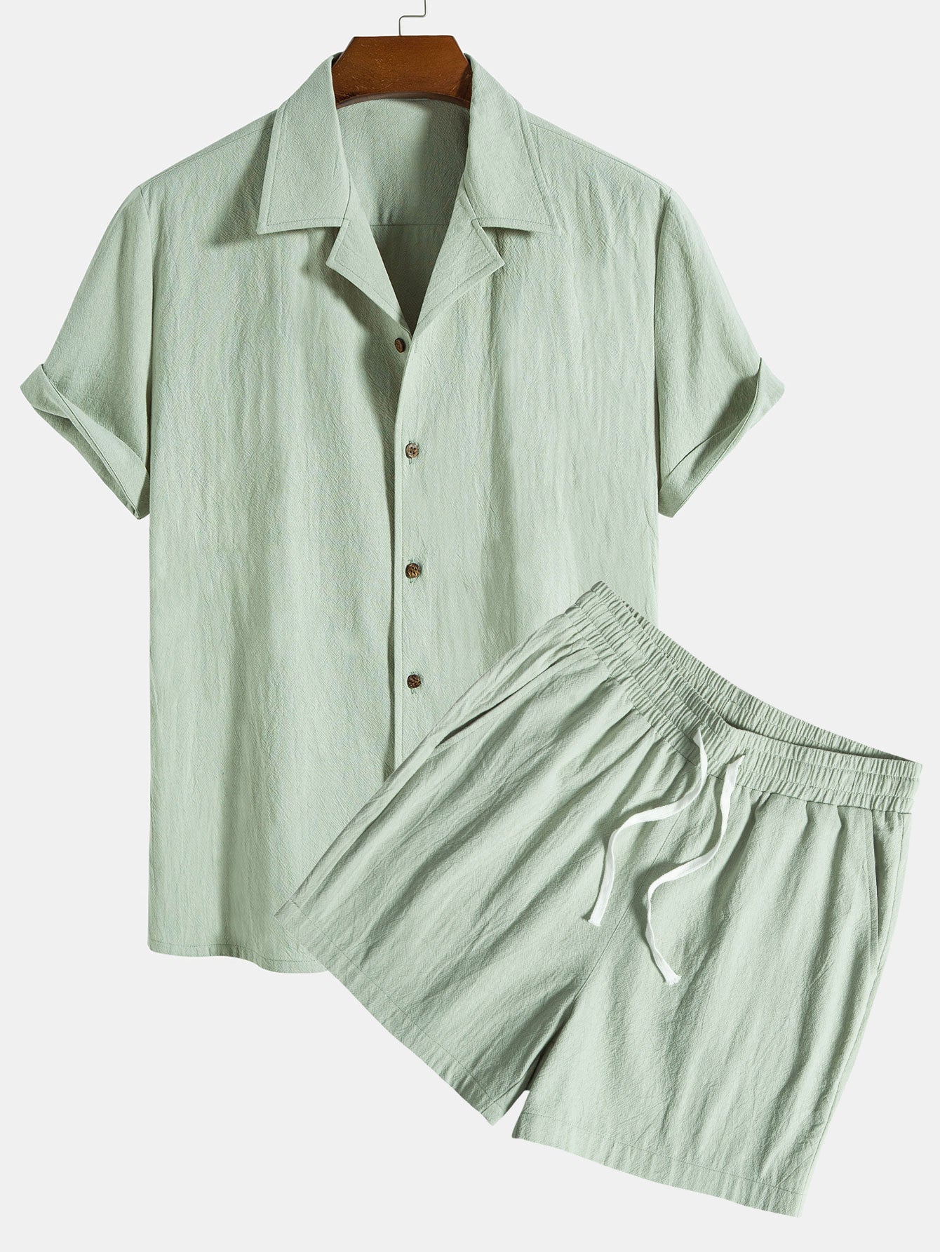 Textured cotton revere shirt & shorts set for men