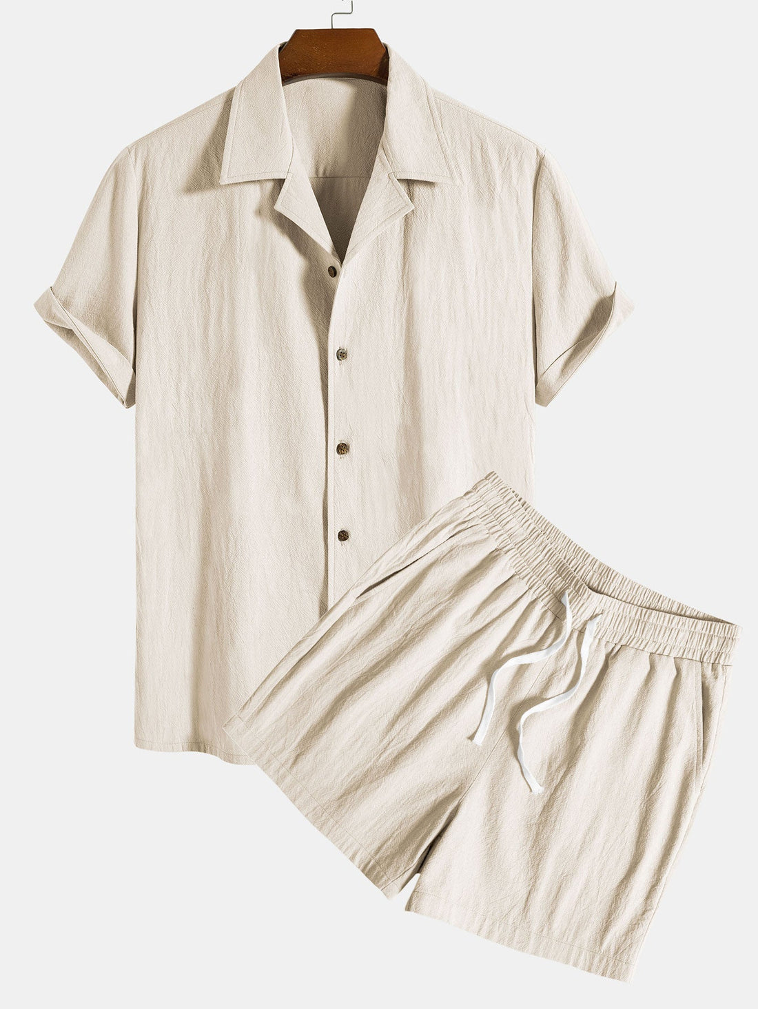 Textured cotton revere shirt & shorts set for men