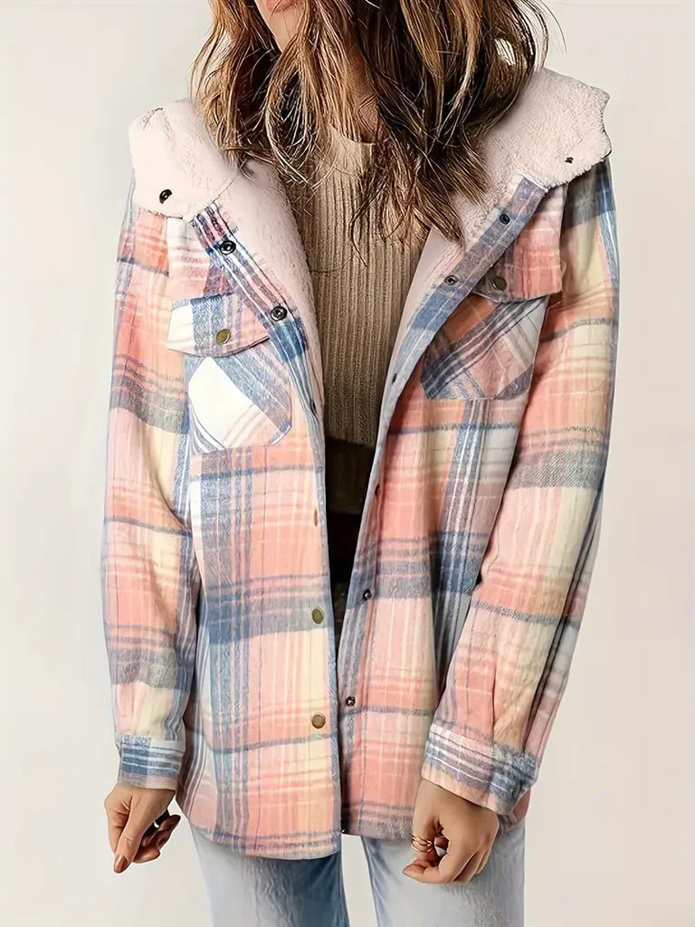 Women’s Shacket - Woven Fabric - Sherpa Lined Collar and Hood - Plaid - Mid-Thigh Length