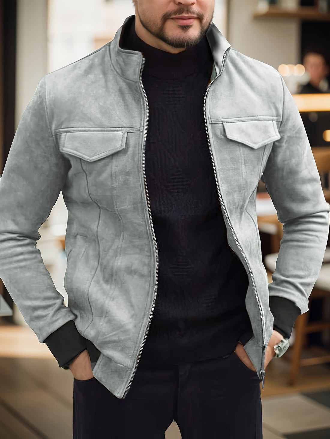 Men’s Suede Jacket – Slim Fit – Stand Collar – Zip Front – Chest Flap Pockets