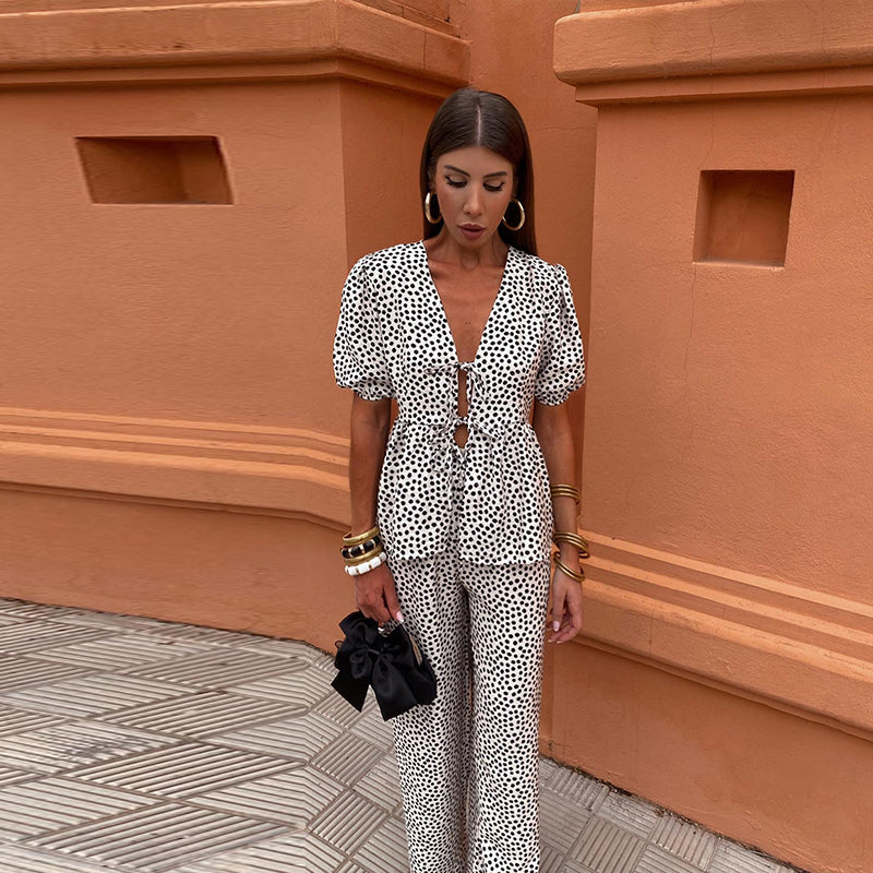 Women’s Two-Piece Set – Linen Blend – Puff Sleeve Tie-Front Top – Wide-Leg Trousers
