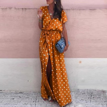 Women’s Maxi Dress – Wrap Style – Polka Dot – Belted Waist – Flowy Fit – Slit Hem