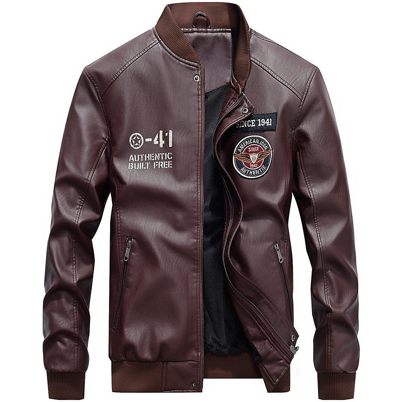 Men’s Leather Jacket – Slim Fit – Embroidered Patches – Baseball Collar – Zipper Front