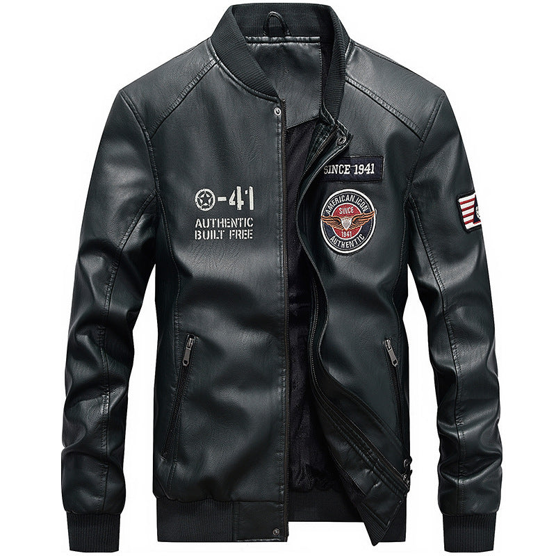 Men’s Leather Jacket – Slim Fit – Embroidered Patches – Baseball Collar – Zipper Front