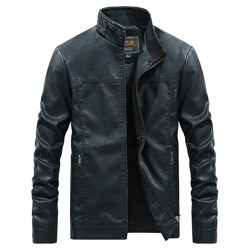 Men’s Motorcycle Jacket – Structured Fit – Stand-up Collar – Zippered Pockets – Leather Look