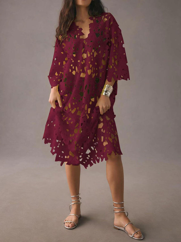 Women's Midi Dress - Lace Fabric - 3/4 Sleeve - Elegant Trim Detail