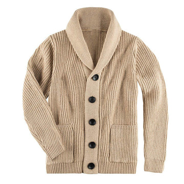 Men’s Coat – Ribbed Knit Texture – Shawl Collar – Regular Fit – Button Closure – Pockets