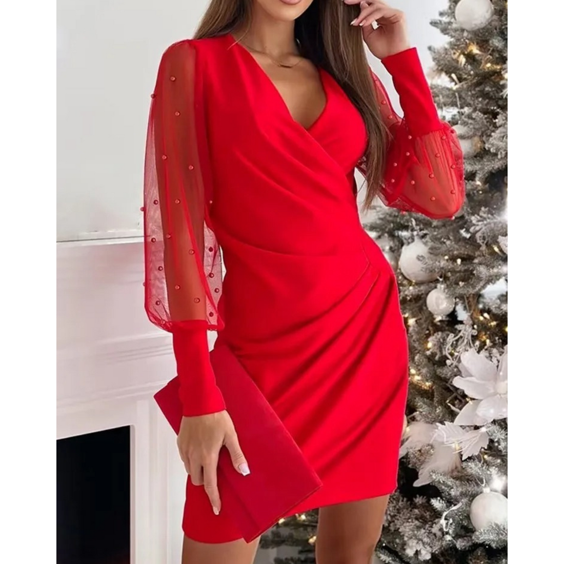 Cocktail v-neck floral lace sleeves dress for women