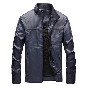 Men’s Motorcycle Jacket – Structured Fit – Stand-up Collar – Zippered Pockets – Leather Look
